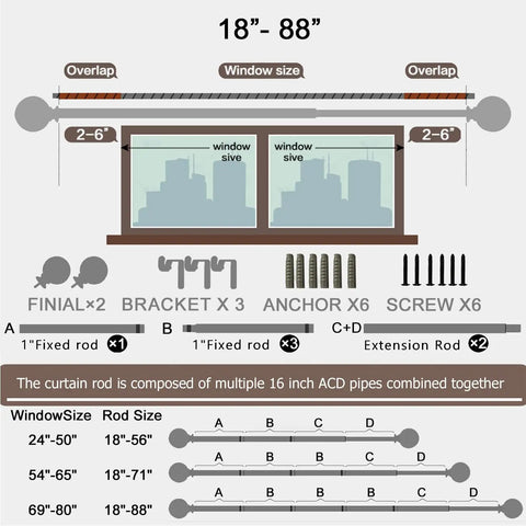 Diagram showing assembly instructions for Brass Curtain Rods For Windows 30 To 88 Inch Adjustable Built Tough Metal 1 Inch Pipe Drapery Rods Decorative Modern Rustic Blackout Rods With Twisted Cage Finials.