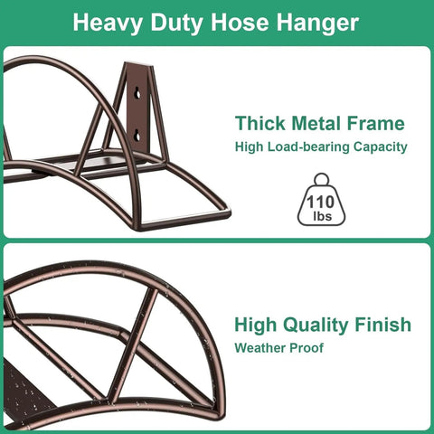 Heavy Duty Garden Hose Holder Wall Mount For Outdoor Yard And Garage Holds 150 Feet Of Hoses Durable Bronze Metal Weather Resistant Hose Reel Hanger And Storage Solution closeup with load-bearing details