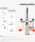 Faucet Mounted Eye Wash Station for Emergencies attached to a sink, showing 360-degree rotating head and adapter setup instructions.