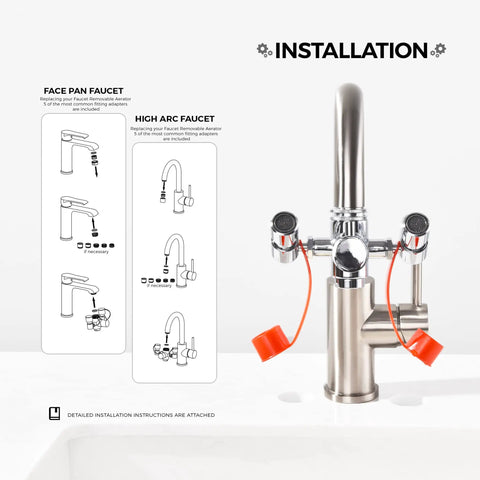 Faucet Mounted Eye Wash Station for Emergencies attached to a sink, showing 360-degree rotating head and adapter setup instructions.
