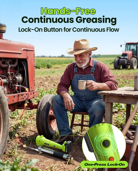 Lock On Trigger Cordless Electric Grease Gun Workhorse Kit with 40 Inch Hose LED Light in use near tractor