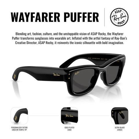 Wayfarer Puffer Sunglasses Inspired By ASAP Rocky Blacked Out Edition Ultra Black Frame With Gold Plated Details 47 mm XS Narrow Fit Streetwear Cool UV Protection Bold Statement featuring personalized tattoo logo and ultra black lenses.