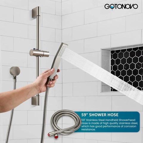 Shower Faucet Set With 12 Inch Rain Shower Head And Handheld Spray, Brushed Nickel Wall Mounted Trim Kit With Slide Bar, in use