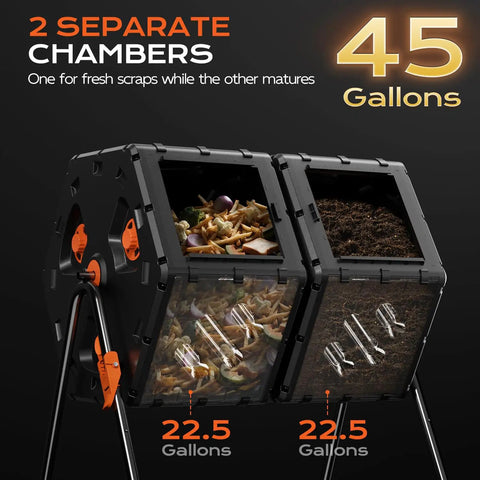 Outdoor 45 Gallon Dual Chamber 360 Degree Rotating Compost Bin for fast backyard composting, showing 22.5-gallon chambers