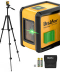 Self Leveling Green Cross Line Laser Level With Tripod For Picture Hanging And Home Renovation DIY Friendly Pro Grade Indoor Construction Tool With Bright Hundred Foot Visibility And One Ninth Inch Precision At Thirty Three Feet Battery Included, shown with accessories and carry case.