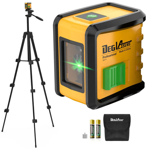 Self Leveling Green Cross Line Laser Level With Tripod For Picture Hanging And Home Renovation DIY Friendly Pro Grade Indoor Construction Tool With Bright Hundred Foot Visibility And One Ninth Inch Precision At Thirty Three Feet Battery Included, shown with accessories and carry case.