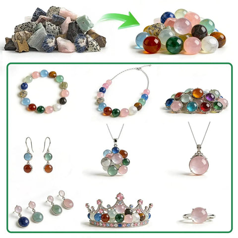 Rock Tumbler Kit For Kids And Adults with rough stones transforming into polished gemstones, various jewelry shown.