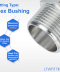 Top Shelf Stainless Steel 316 Hex Bushing Reducer Fitting One Inch Male To One Half Female Npt Pipe Connector Marine Fuel Water Line Bulk Pack Of 120 Built Bad - close-up view of fitting showing threads and material.