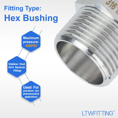Top Shelf Stainless Steel 316 Hex Bushing Reducer Fitting One Inch Male To One Half Female Npt Pipe Connector Marine Fuel Water Line Bulk Pack Of 120 Built Bad - close-up view of fitting showing threads and material.