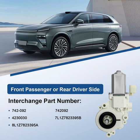 Power Window Lift Motor For Front Right Passenger Or Rear Left Driver Side Drop In Replacement Compatible With Ford Expedition And Lincoln Navigator 2007 To 2017 Interchange 742 092 shown with vehicle background