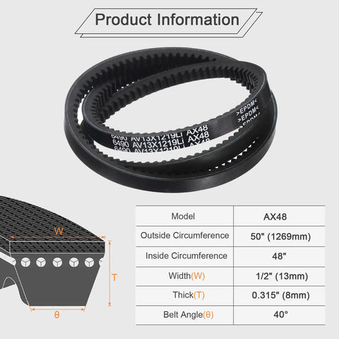 Two Pack AX48 EPDM V Belt Cogged Half Inch Wide Raw Edge Industrial Rubber Belt 50 Inch Outer Circumference chart