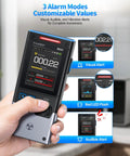 Front view of FNIRSI GC-03 Geiger counter, handheld radiation dosimeter with LCD display.