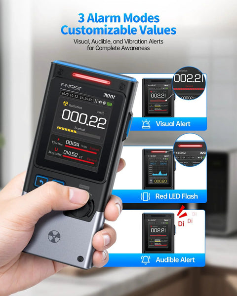 Front view of FNIRSI GC-03 Geiger counter, handheld radiation dosimeter with LCD display.