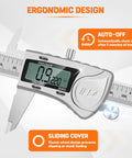 Heavy Duty 8 Inch Digital Caliper With IP54 Splash Proof Stainless Steel Build showing ergonomic design and auto-off feature