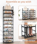 Tall Ten Tier Shoe Rack Holds Twenty Five Pairs Narrow Boot Organizer With Hook Hangers Sturdy Entryway Storage Shelf showing shoes arranged on shelves in black.