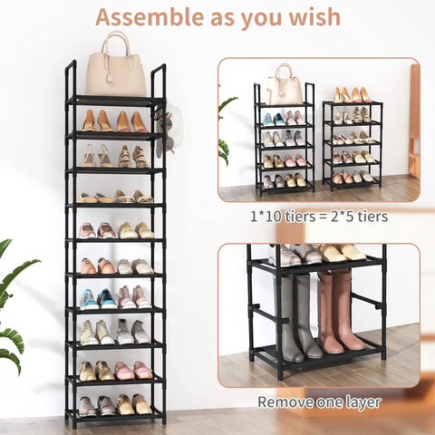 Tall Ten Tier Shoe Rack Holds Twenty Five Pairs Narrow Boot Organizer With Hook Hangers Sturdy Entryway Storage Shelf showing shoes arranged on shelves in black.