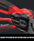 Red cordless lopper with 6 inch cut range and patented clamping jaws displayed on a dark background for pruning trees and shrubs