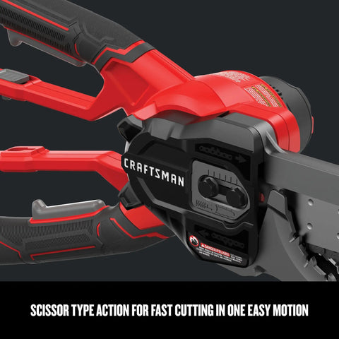 Red cordless lopper with 6 inch cut range and patented clamping jaws displayed on a dark background for pruning trees and shrubs