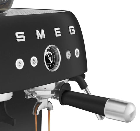 Top Shelf Semi Automatic Espresso Machine In Matte Black With Integrated Conical Burr Grinder And Adjustable Grind Settings features pressure gauge and portafilter.