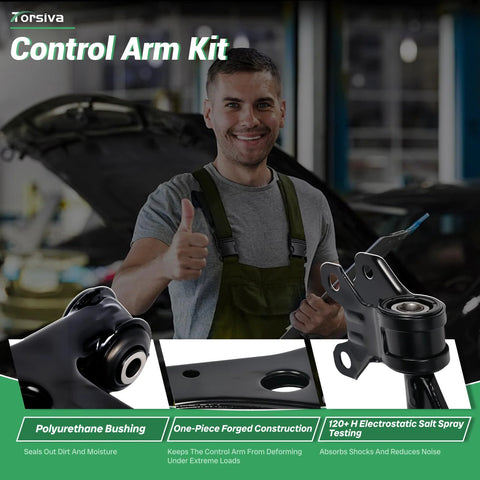 Ford Escape Front Lower Control Arm With Ball Joint 2 Piece Set For Driver And Passenger Side Fits 2013 Through 2019 OE 524-113 524-114 K622136 K622161 Beefed Up Premium Replacement Upgrade For Better Handling with polyurethane bushing and forged construction shown with mechanic in background.