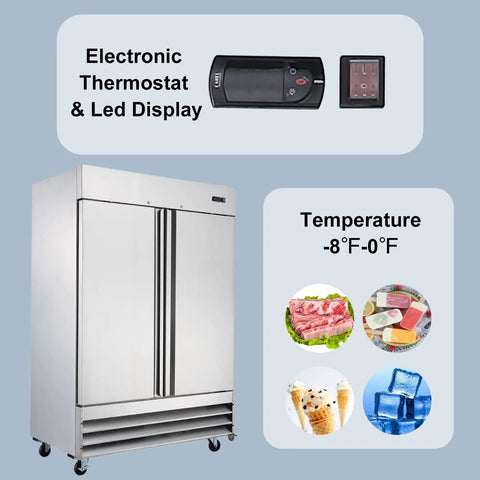 Heavy Duty Commercial Upright Freezer Forty Seven Cubic Feet with electronic thermostat and display for optimal storage control.