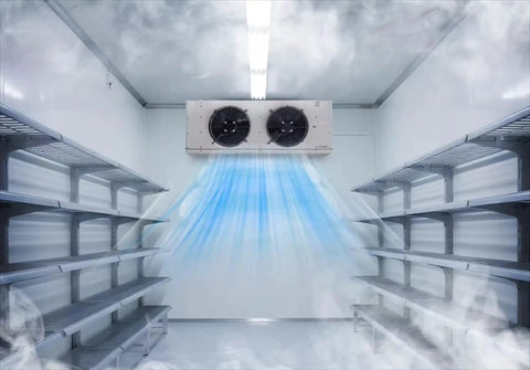Inside view of Built Tough Industrial Walk In Freezer Cold Storage Room with cooling fans and metal shelving units.
