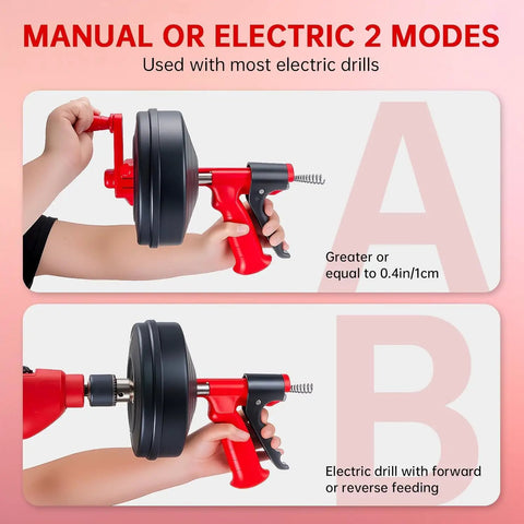 Flexible Drain Snake Hair Clog Remover Comes Decked Out With A Drill Adapter To Blast Nasty Sink Tub And Shower Blockages Dead Fast So Your Lines Glide Smooth Without Any Chemical Fuss, showing manual and electric usage modes.