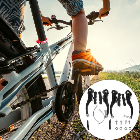 Close-up of cyclist with inset showing Two Set Bike Brake Kit For Road and Mountain Bikes, Aluminum Calipers, Durable Rubber Pads