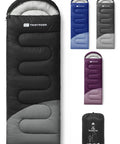 Lightweight 3lb Backpacking Sleeping Bag For Adults And Kids With Compression Sack shown in various colors.