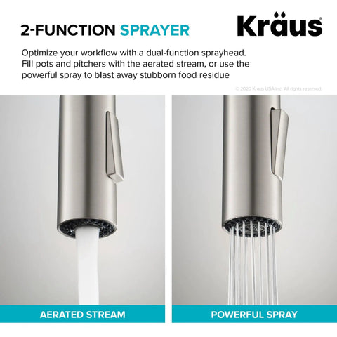 Game Changer Stainless Steel Pull Down Kitchen Faucet With Spot Free Brushed Finish And Full Range Swivel Spout showing dual-function sprayer in aerated stream and powerful spray.