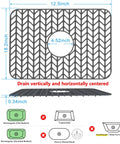 Illustration of gray silicone sink mat grid for kitchen sink, 18.2 x 12.5 inches, drain centered, fits curved edges.