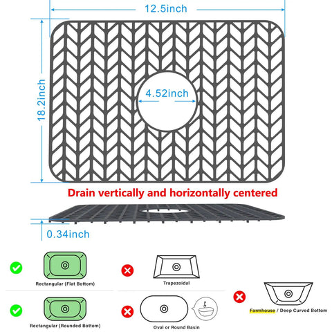Illustration of gray silicone sink mat grid for kitchen sink, 18.2 x 12.5 inches, drain centered, fits curved edges.