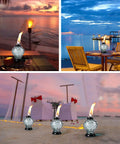 Four Pack Glass Table Top Outdoor Torches With Citronella Refillable Glass Lanterns For Garden Patio And Yard Parties Wick And Cap Included No Brainer Refill Diamond Cut Glass In Clear Blue Red And Black on beach with sunset background