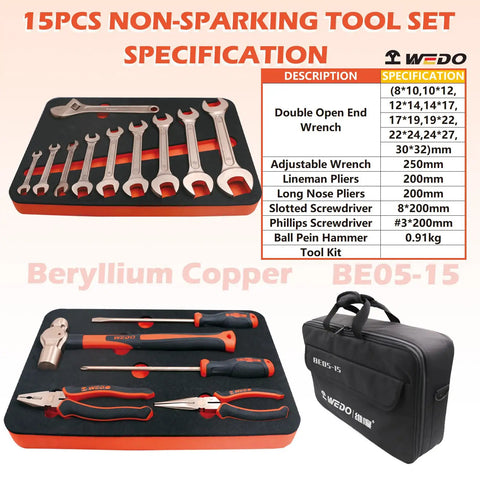 No Spark 15 Piece Tool Set With Beryllium Copper Tools displayed, showing wrenches, pliers, screwdrivers, and a hammer in a case.
