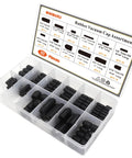Garage-Ready Rubber Vacuum Cap Kit, 177-Piece 12-Size Assortment, neatly organized in a plastic storage box showing size chart