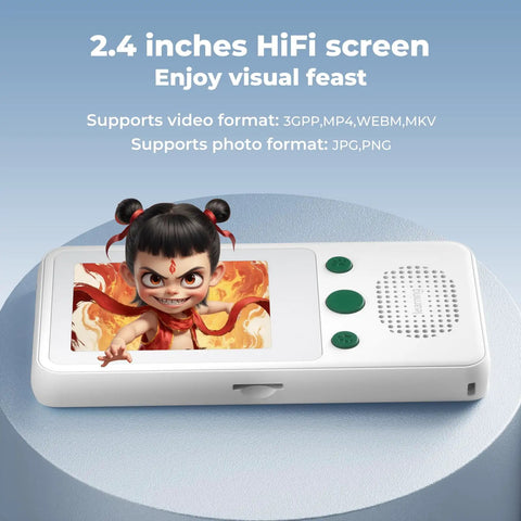 A5 Kids MP3 Player With Bluetooth And 2.4 Inch Touch Screen showing a colorful animation, placed on a round blue platform.