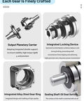 Details of planetary gearbox components including carrier, locking device, alloy gear ring, and oil seal for Nema 23 motor.