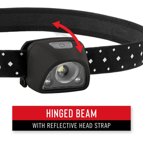 Rechargeable LED Headlamp With Dual Color White And Red Beam, 435 Lumen Output, USB Charging, hinged beam with strap