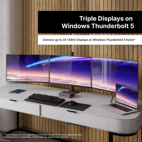 Triple display setup on a desk for high performance with Thunderbolt Five Dock Packing Twenty Ports And Ten Gigabit Ethernet Kickass Connectivity Straight Up Powerhouse Hub Usb C And A Fast Data Sync Sd Card Reader Displayport Two Point One Built Tough For Apple Mac And Pc Users.