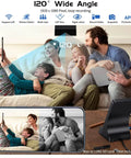 Stealthy Hidden Spy Cameras with Wireless Charger showing 120° wide angle, family on couch monitored with mini nanny cam