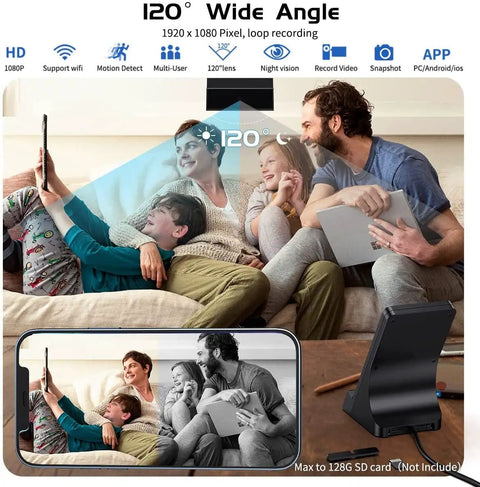 Stealthy Hidden Spy Cameras with Wireless Charger showing 120° wide angle, family on couch monitored with mini nanny cam