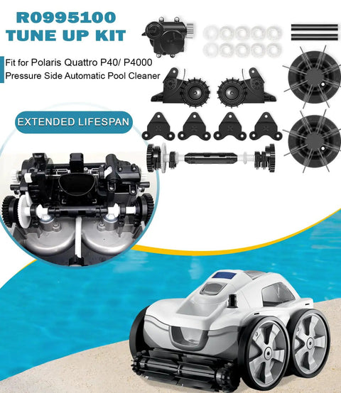 Pro Grade Tune Up Kit For Polaris Quattro P40 P4000 Pool Cleaner Replacement Parts Kit with components displayed by poolside
