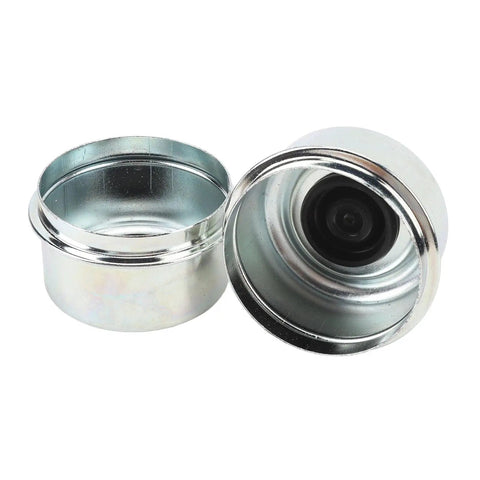 2.44 Inch OD Trailer Axle Dust Cap Kit With Two Rubber Plugs And Bearing Grease Caps For Boat Trailer Wheel Hub 5200 And 6000 Lb Axles Heavy Duty Galvanized Steel Rust Resistant Seals showing open and closed cap angle