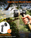 Heavy Duty Metal Hose Nozzle With 8 Spray Patterns And Thumb Control in use, bronze finish, water spraying for lawn care