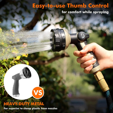 Heavy Duty Metal Hose Nozzle With 8 Spray Patterns And Thumb Control in use, bronze finish, water spraying for lawn care