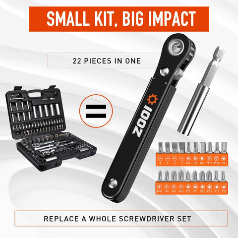 22 In 1 Ratchet Screwdriver Set With 90 Degree Right Angle Bits Pocket Sized EDC Gear For Tight Spaces Magnetic Clamp Precise Click Control Cool Dad Gift For Men Handy Mini Tool Kit For DIY Projects shown with case and bits