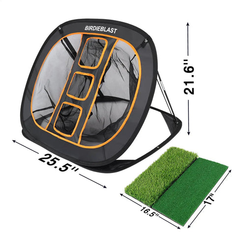 Pro Grade Golf Chipping Net With Dual Turf Hitting Mat for Indoor and Outdoor Target Training with dimensions shown