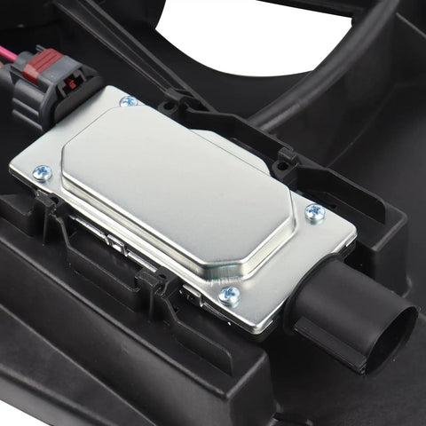 Solid Engine Radiator Cooling Fan Assembly With Integrated Shroud And Smooth Brushless Motor Direct Swap Replacement Fits 2012 Through 2018 Ford Focus BeV 2.0 Liter L4 Engine showing motor and connector details.