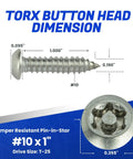 No Sweat Installation Heavy Duty Torx Security Sheet Metal Screws Number 10 X 1 Inch Button Head dimensions showing tamper resistant design.