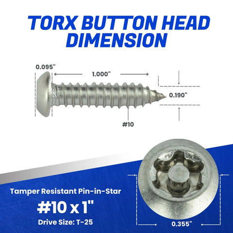 No Sweat Installation Heavy Duty Torx Security Sheet Metal Screws Number 10 X 1 Inch Button Head dimensions showing tamper resistant design.